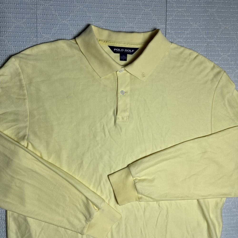 Vintage Polo Golf Ralph Lauren Men Shirt L Yellow Herringbone Cotton Long Sleeve
